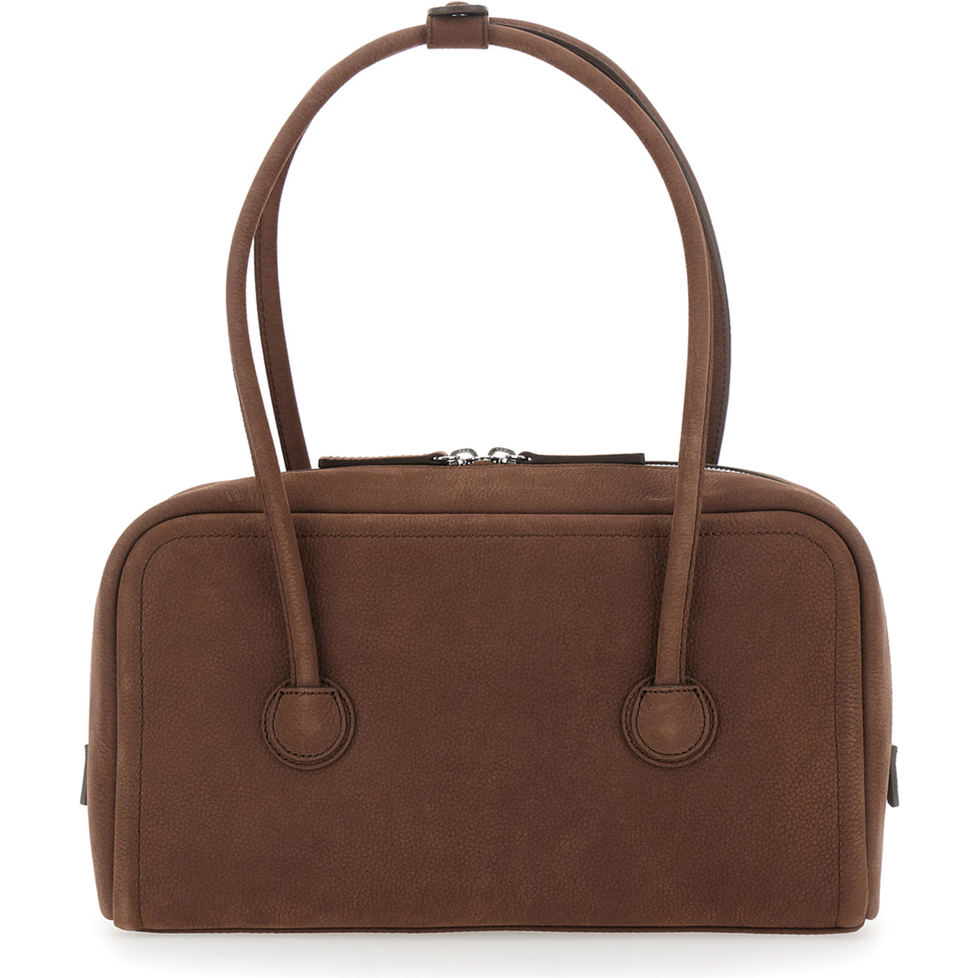 Soft Boston Brown Small Shoulder bag with Two Top Handles and Logo lettering on the Front in Leather for Women