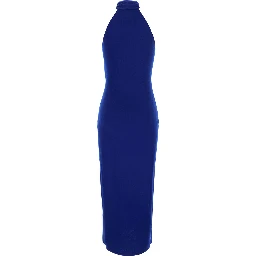Blue Sleeveless long dress with high neck and draped details in wool for women
