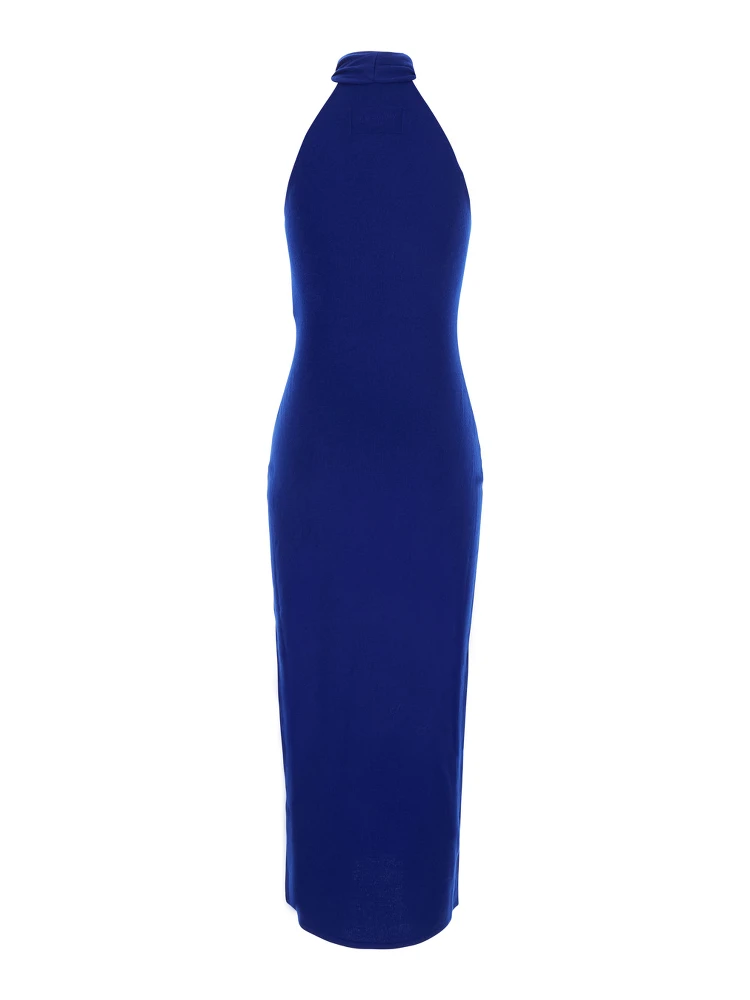 Blue Sleeveless long dress with high neck and draped details in wool for women alternative