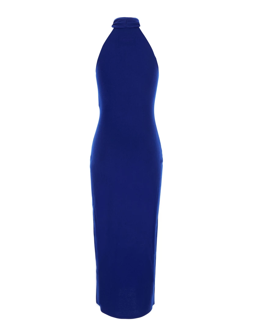 Blue Sleeveless long dress with high neck and draped details in wool for women
