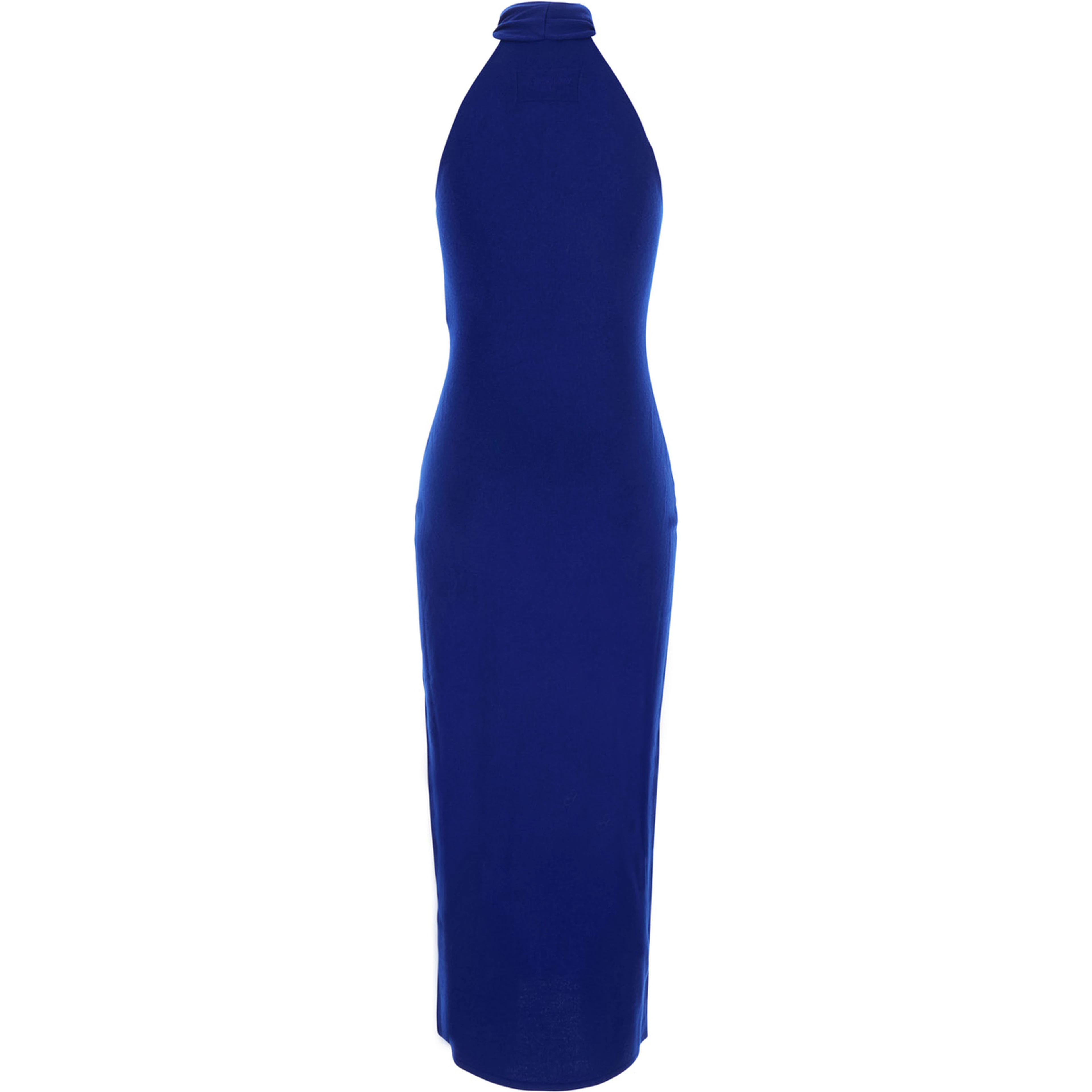 Blue Sleeveless long dress with high neck and draped details in wool for women