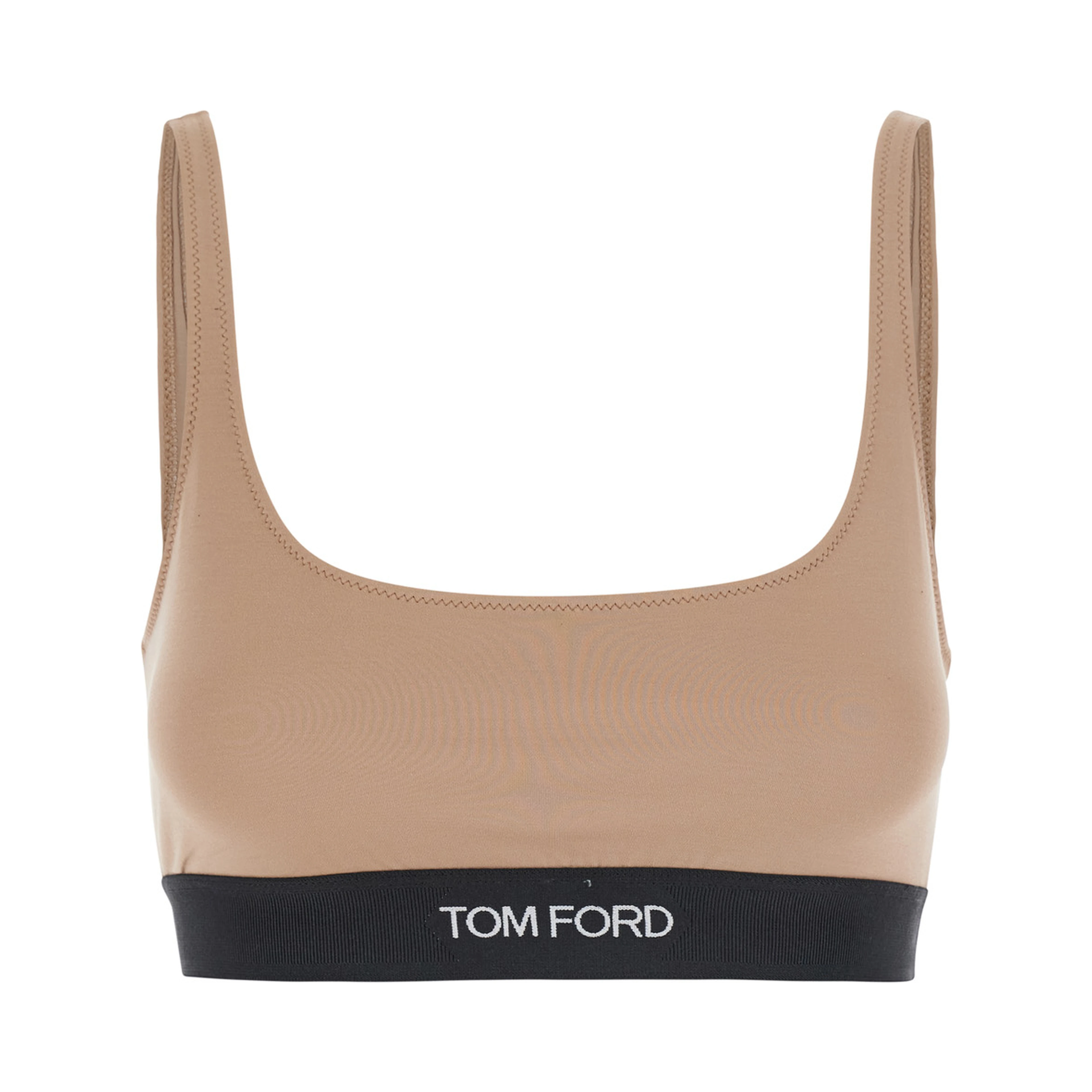 Beige Top with square neckline and logo lettering on the front in tech fabric for women