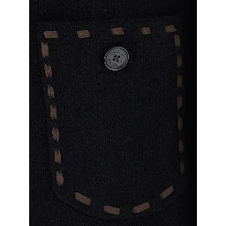 Black Cardigan with Fringed Hem and Contrasting Stitching in Wool and Cashmere for Women