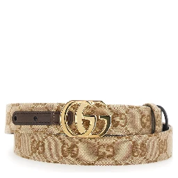 Beige Reversible belt with GG buckle in GG canvas and leather for women