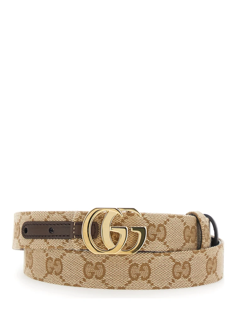 Beige Reversible belt with GG buckle in GG canvas and leather for women