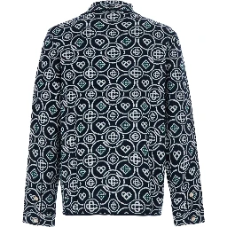 Blue Shirt with classic collar and all-over logo monogram in cotton for men