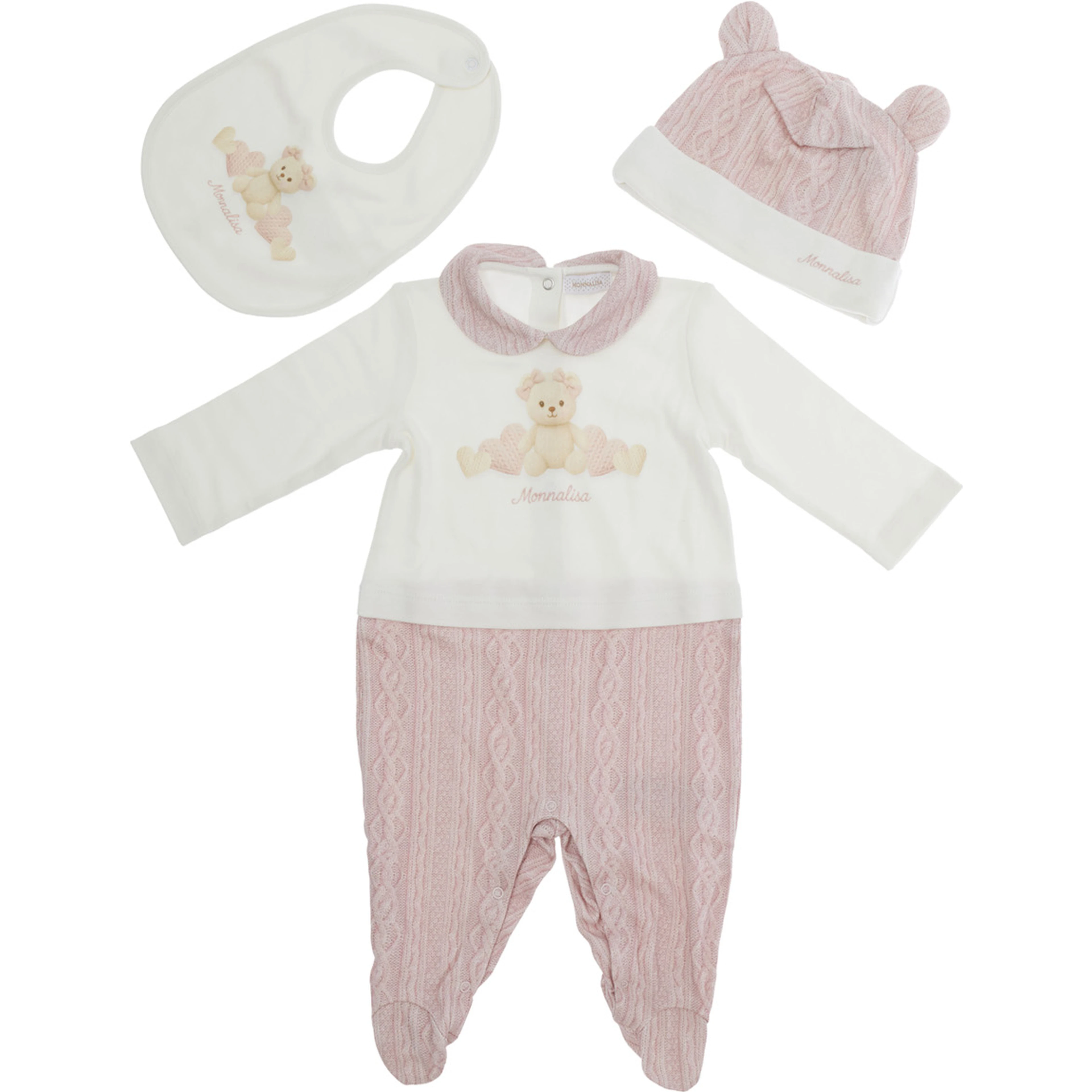 Baby Romper Set with Bib and Cap in Pink