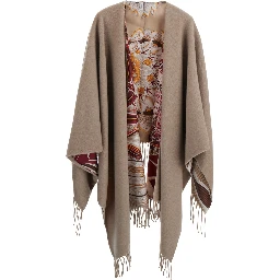 Beige Cape with Fringed Edges and All-Over Print in Cashmere and Wool for Women
