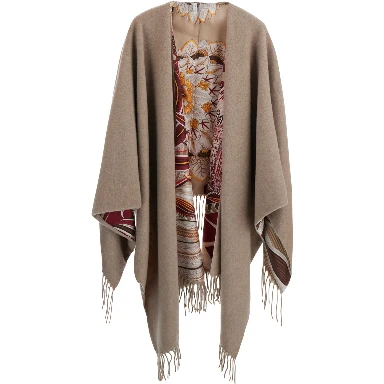 Beige Cape with Fringed Edges and All-Over Print in Cashmere and Wool for Women