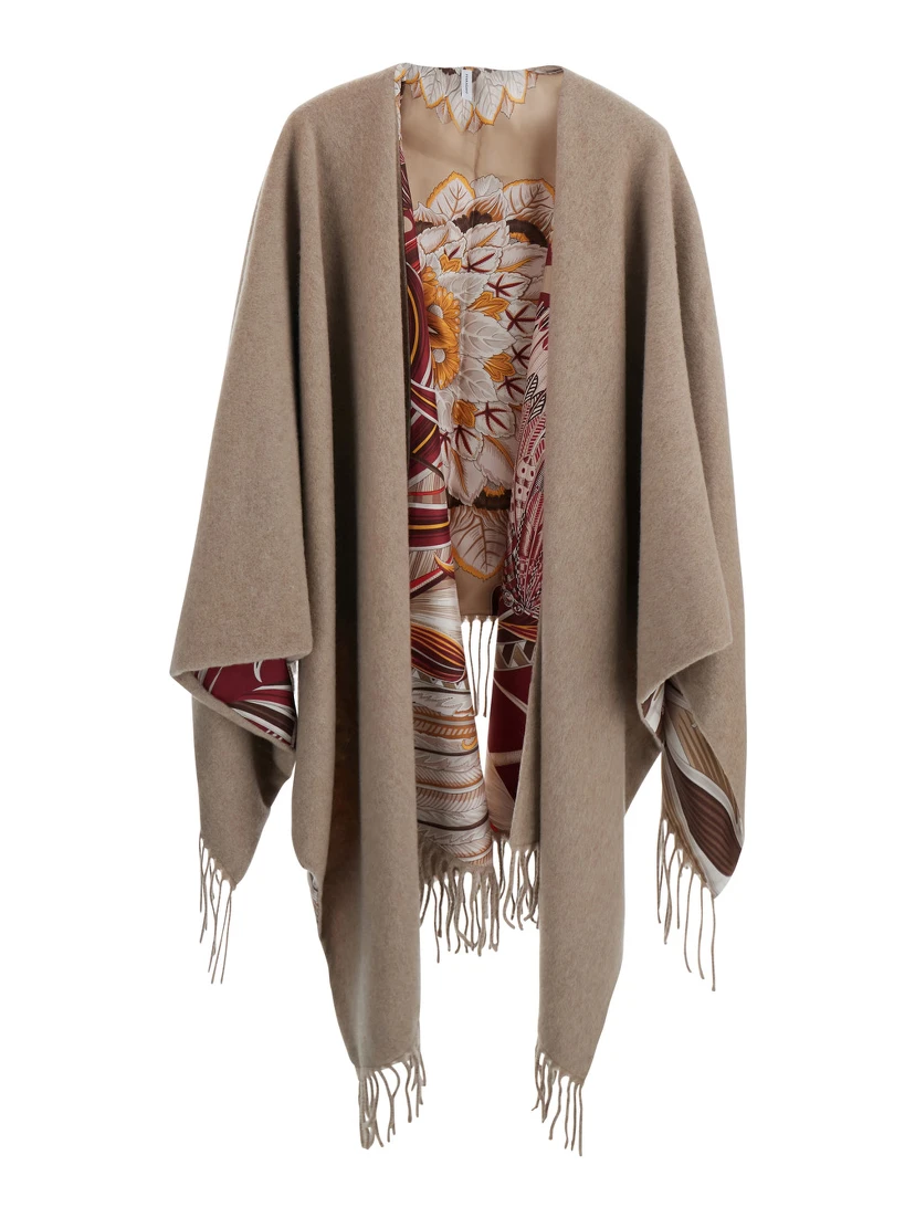 Beige Cape with Fringed Edges and All-Over Print in Cashmere and Wool for Women