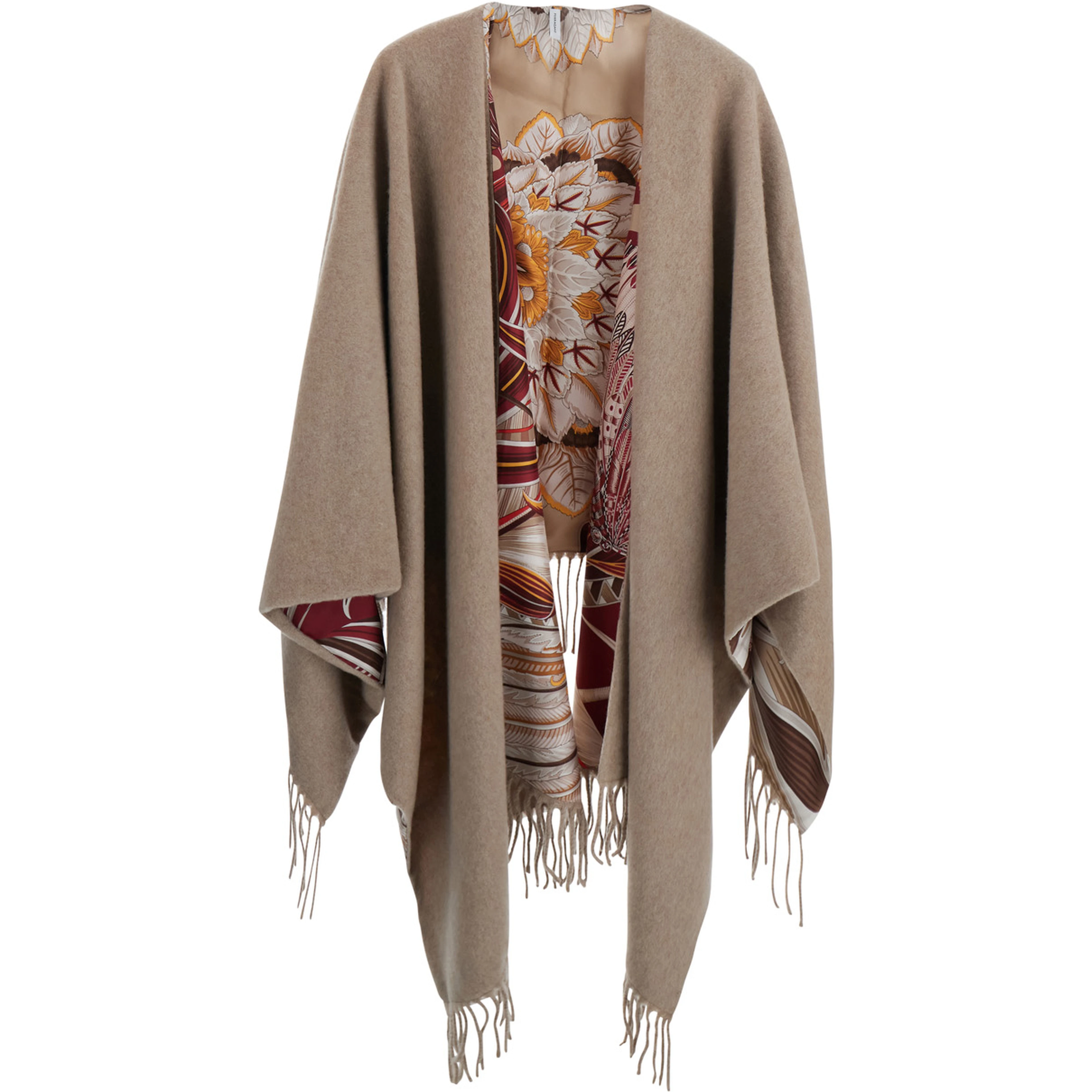 Beige Cape with Fringed Edges and All-Over Print in Cashmere and Wool for Women