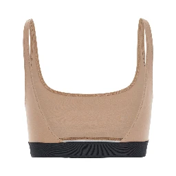 Beige Top with square neckline and logo lettering on the front in tech fabric for women