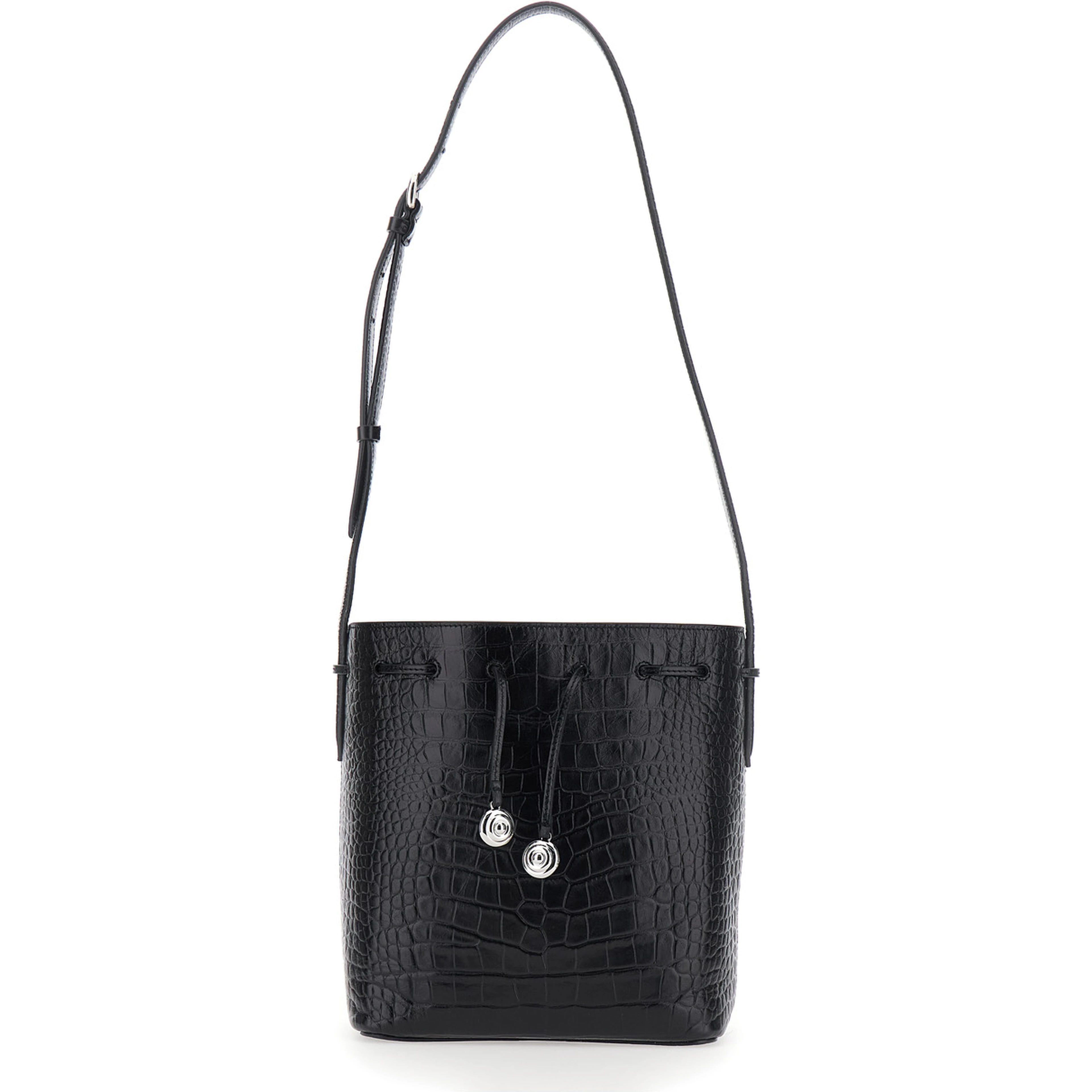 Black Crossbody bag with Bucket Design and Front Charm in Leather for Women