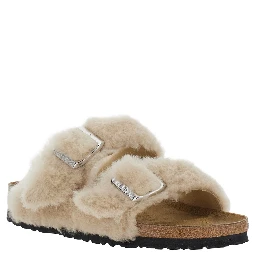 Arizona White Sandals with Fur Inserts and Leather Buckle Closure in Leather for Women