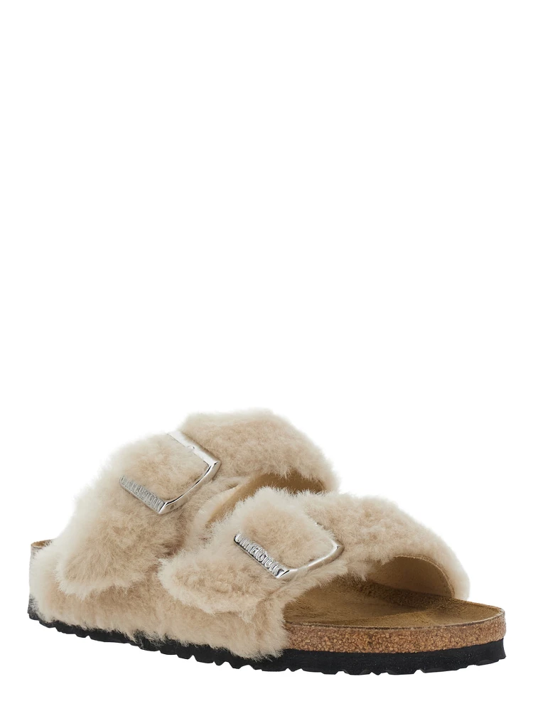 Arizona White Sandals with Fur Inserts and Leather Buckle Closure in Leather for Women