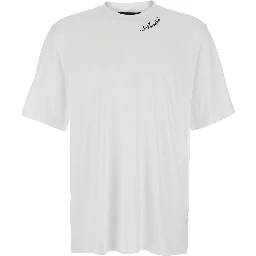 White Crew neck T-shirt with wide short sleeves and logo lettering embroidery on the neck in tech fabric for men