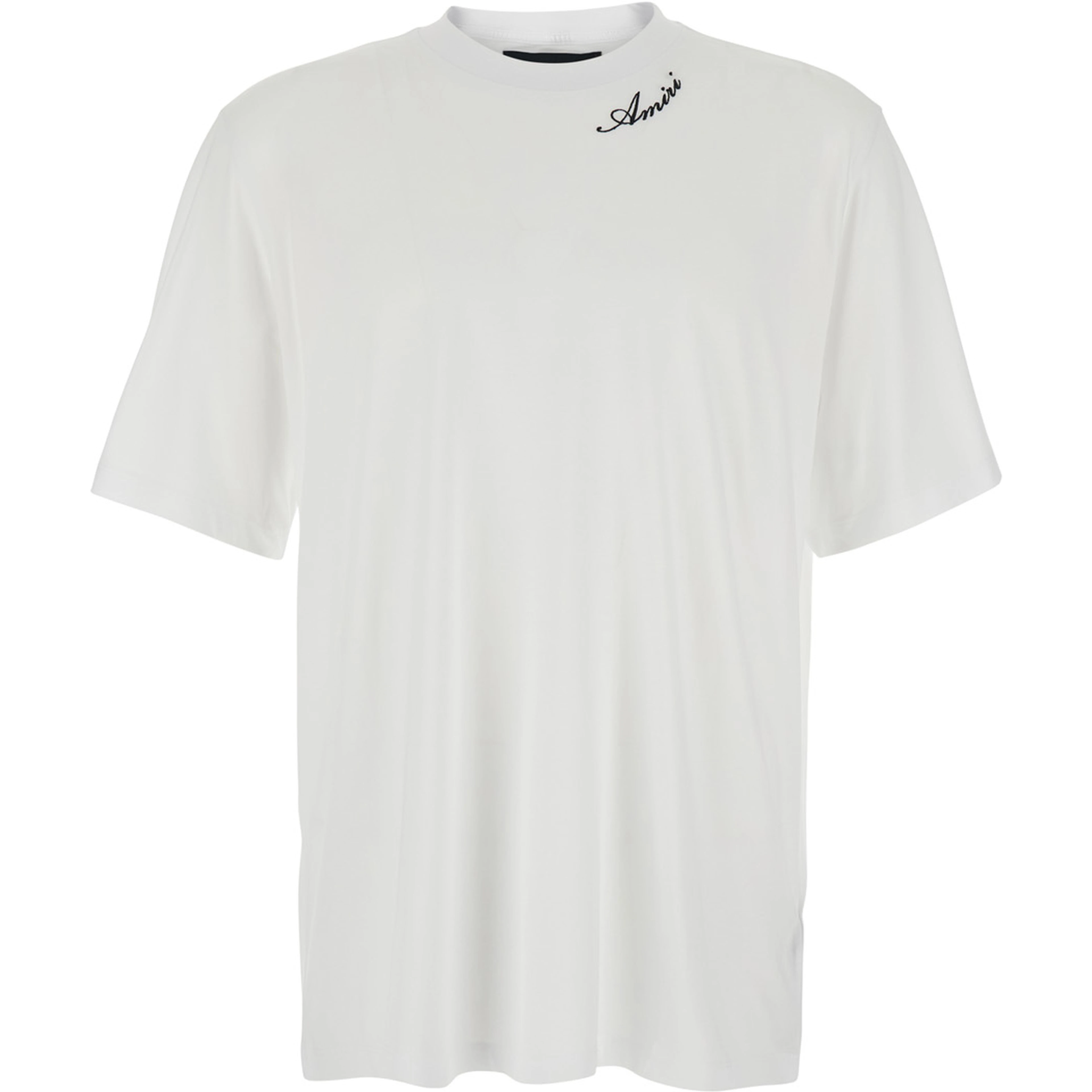 White Crew neck T-shirt with wide short sleeves and logo lettering embroidery on the neck in tech fabric for men