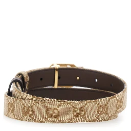 Beige Reversible belt with GG buckle in GG canvas and leather for women