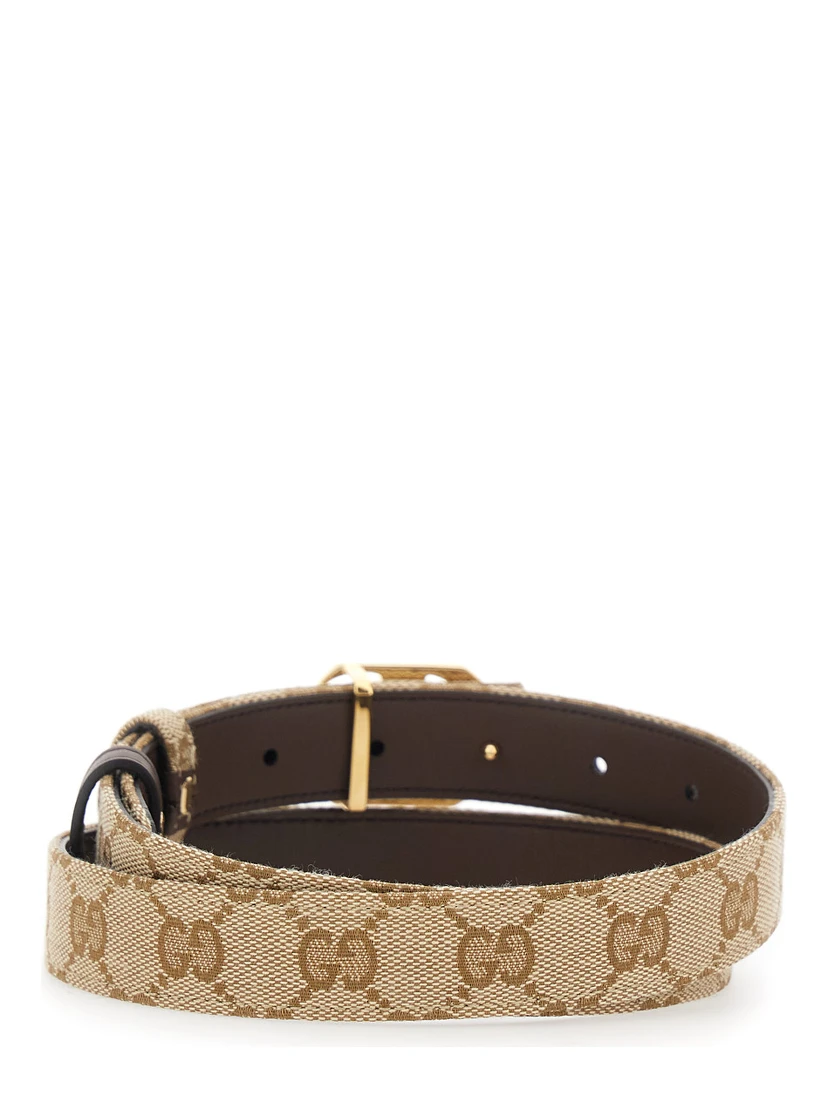 Beige Reversible belt with GG buckle in GG canvas and leather for women