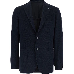 Blue Single-breasted Jacket with Notched Revers and Brooch in Wool for Men