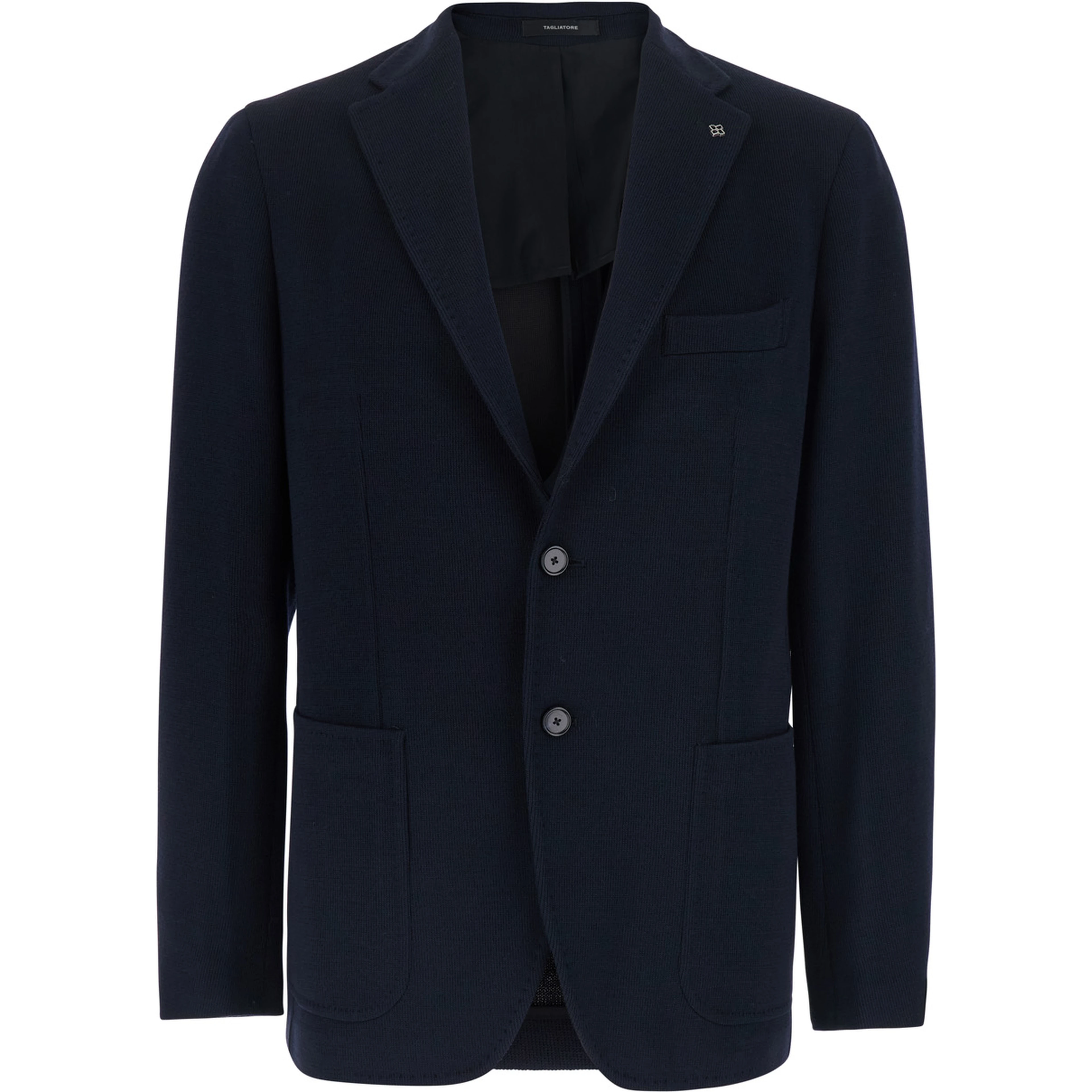 Blue Single-breasted Jacket with Notched Revers and Brooch in Wool for Men