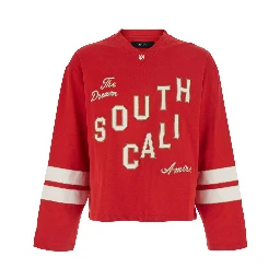 Red Long Sleeve T-Shirt with Maxi Print on the Front and Striped Details on the Sleeves in Cotton for Men