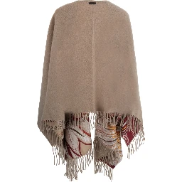 Beige Cape with Fringed Edges and All-Over Print in Cashmere and Wool for Women