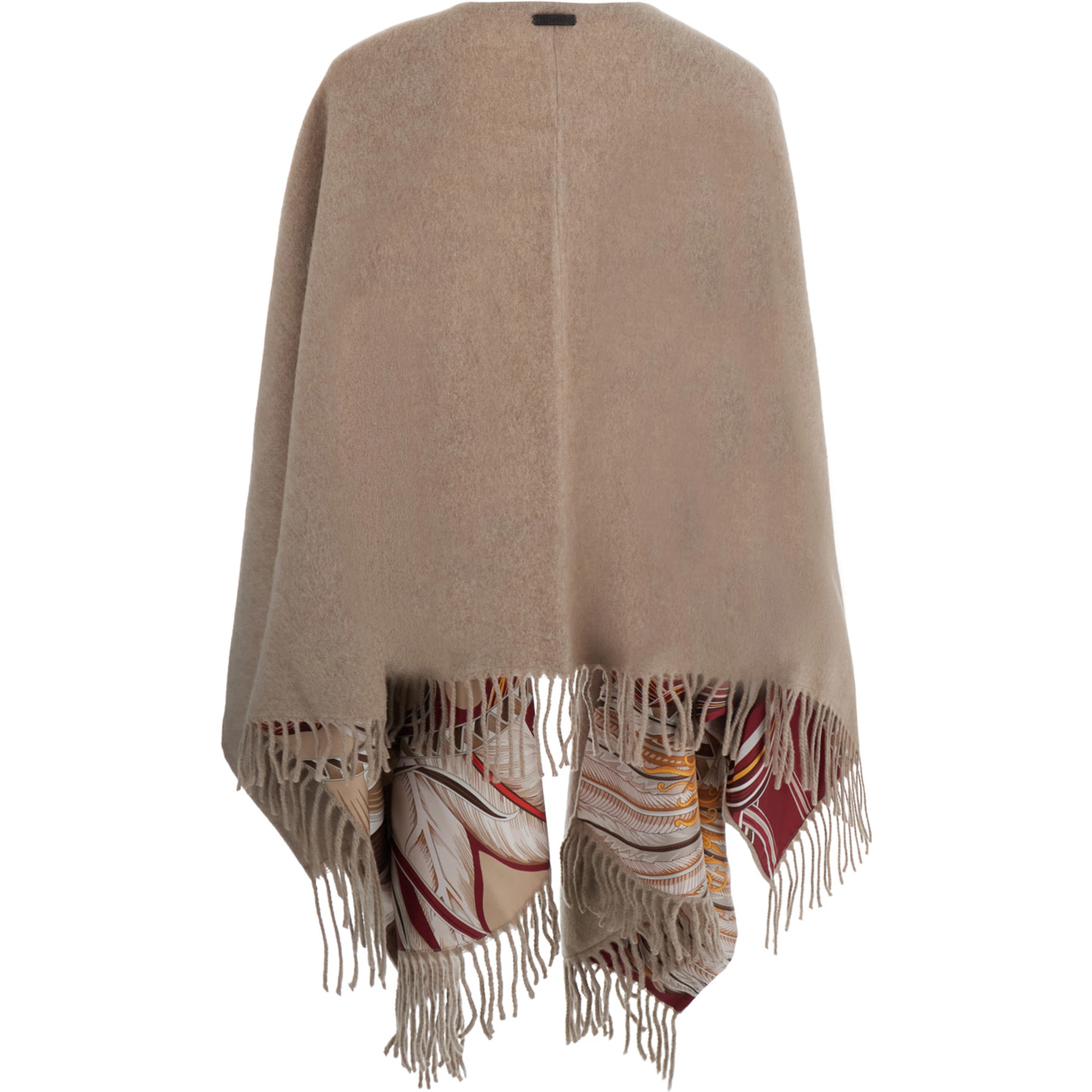 Beige Cape with Fringed Edges and All-Over Print in Cashmere and Wool for Women
