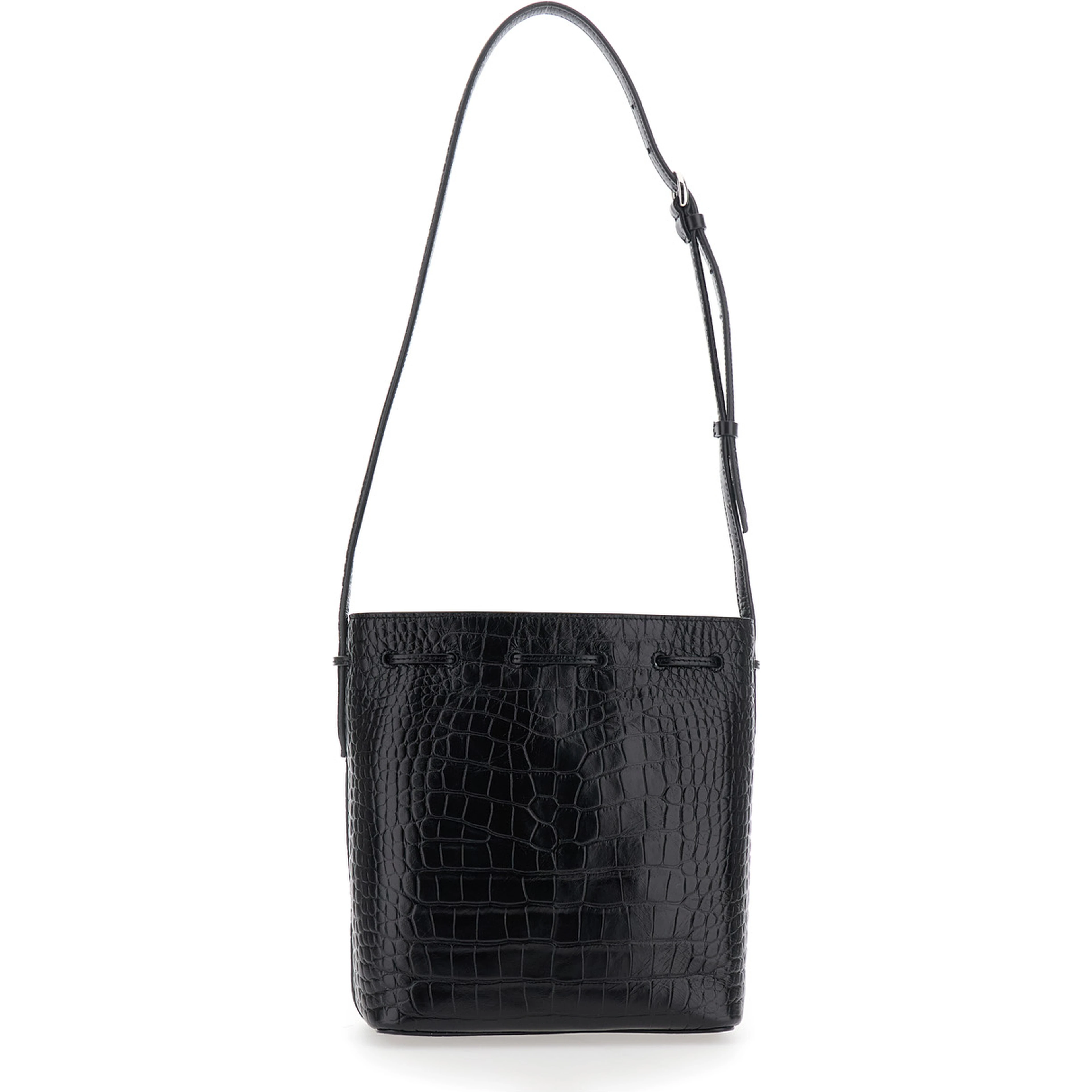Black Crossbody bag with Bucket Design and Front Charm in Leather for Women