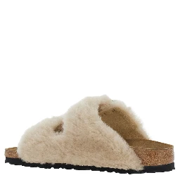 Arizona White Sandals with Fur Inserts and Leather Buckle Closure in Leather for Women