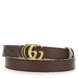 Beige Reversible belt with GG buckle in GG canvas and leather for women