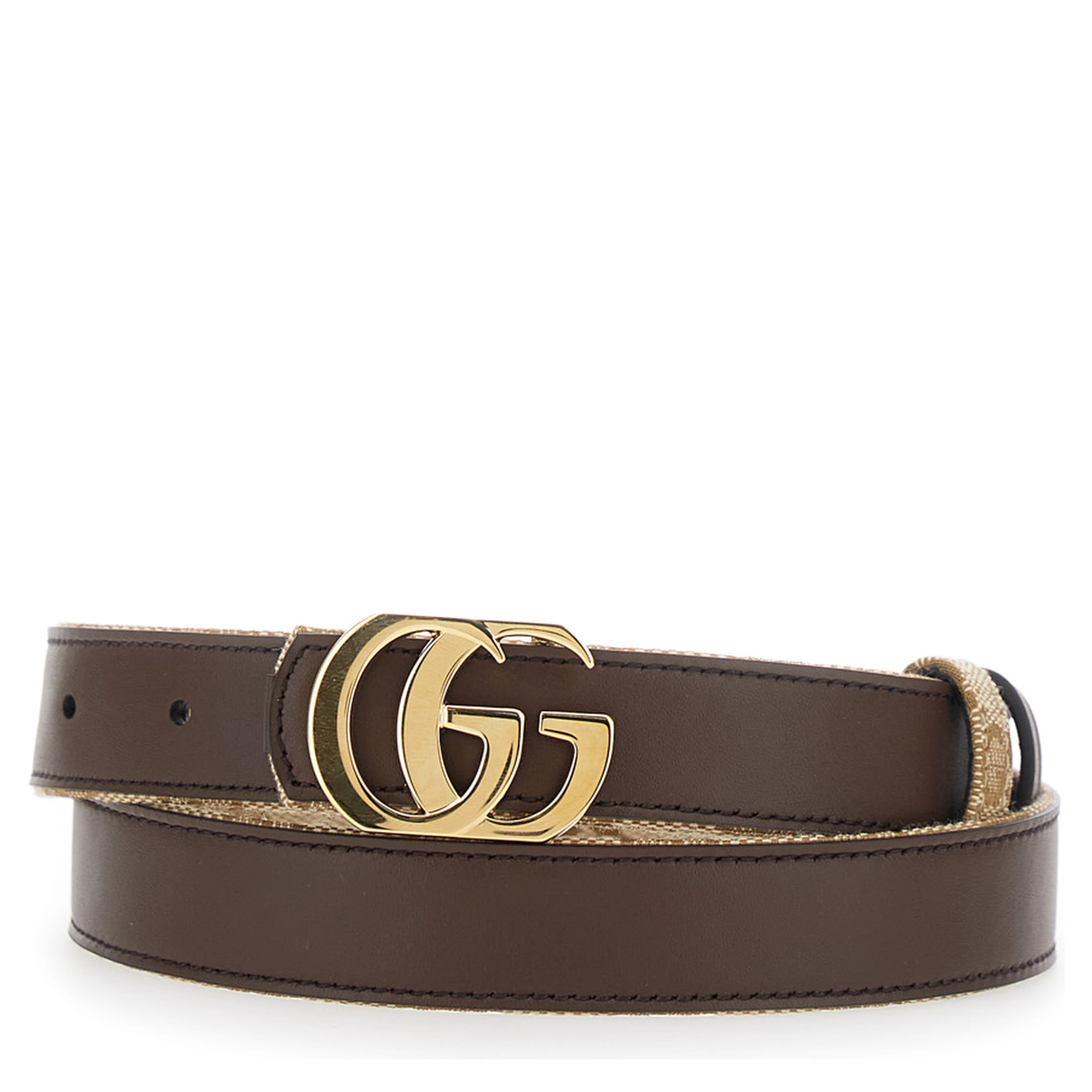 Beige Reversible belt with GG buckle in GG canvas and leather for women
