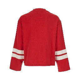 Red Long Sleeve T-Shirt with Maxi Print on the Front and Striped Details on the Sleeves in Cotton for Men