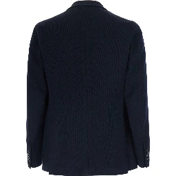 Blue Single-breasted Jacket with Notched Revers and Brooch in Wool for Men