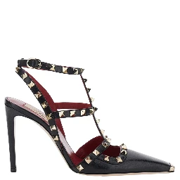 Black high-heeled sandals with Rockstud decoration and high heel in leather for women