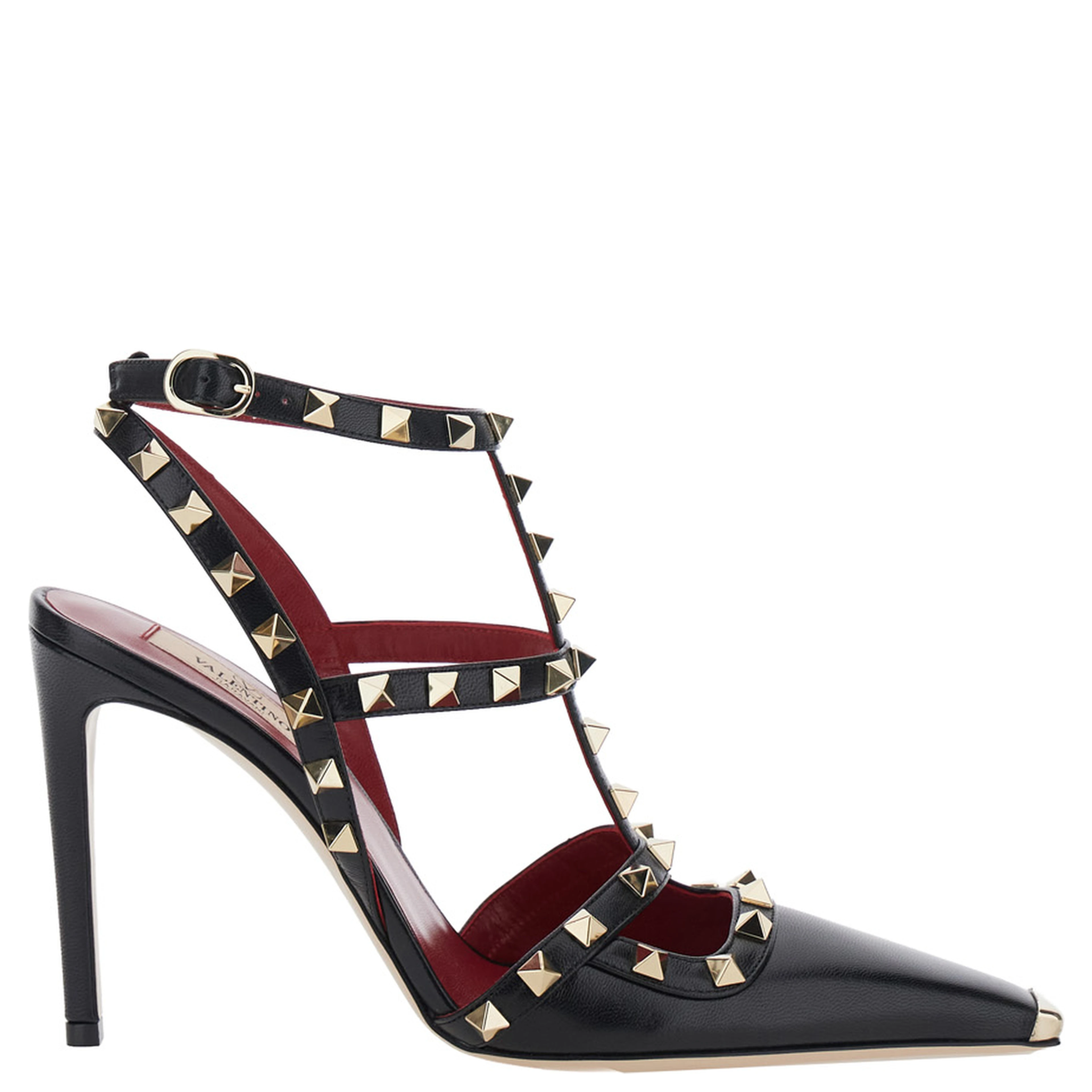 Black high-heeled sandals with Rockstud decoration and high heel in leather for women
