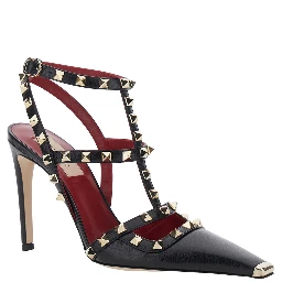 Black high-heeled sandals with Rockstud decoration and high heel in leather for women