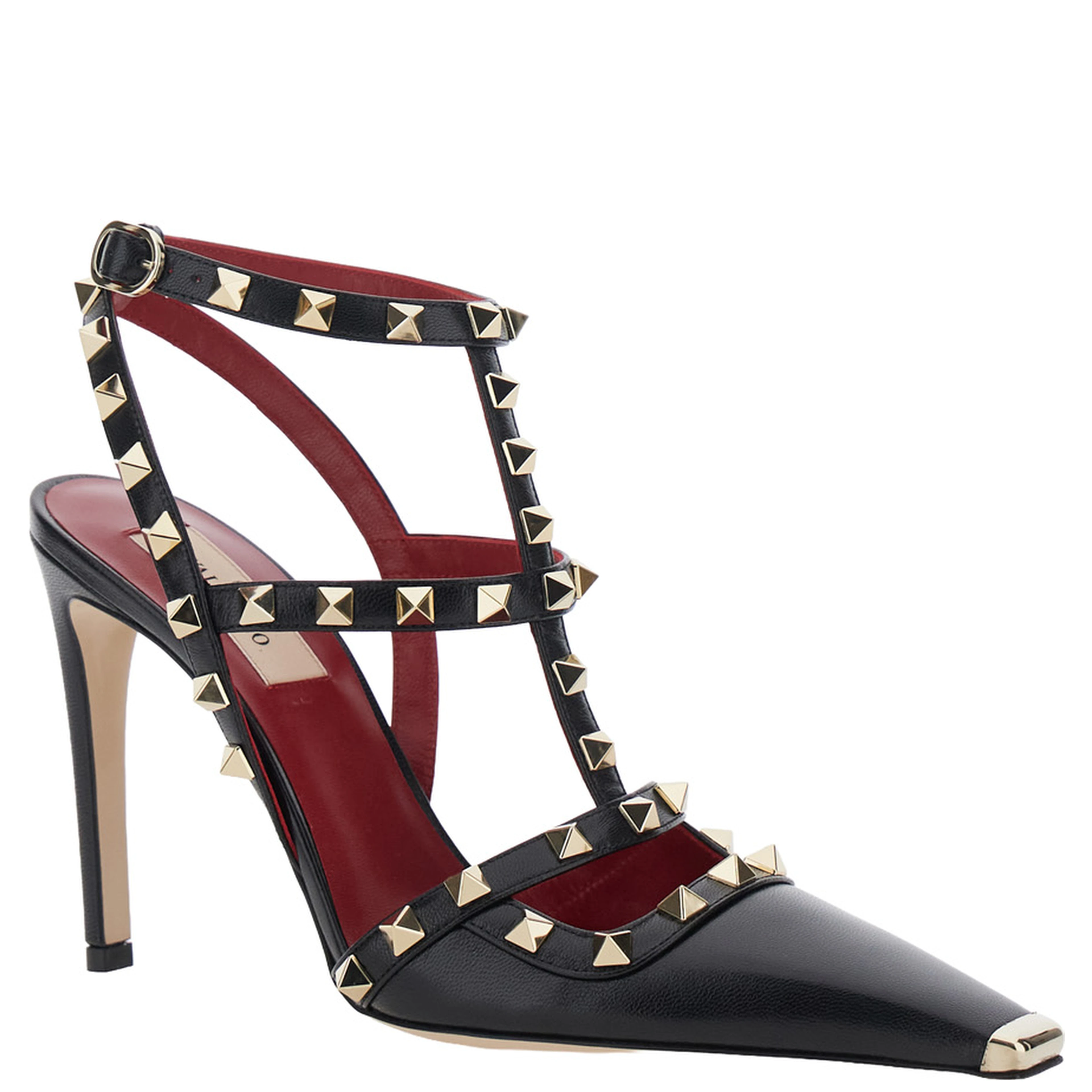 Black high-heeled sandals with Rockstud decoration and high heel in leather for women