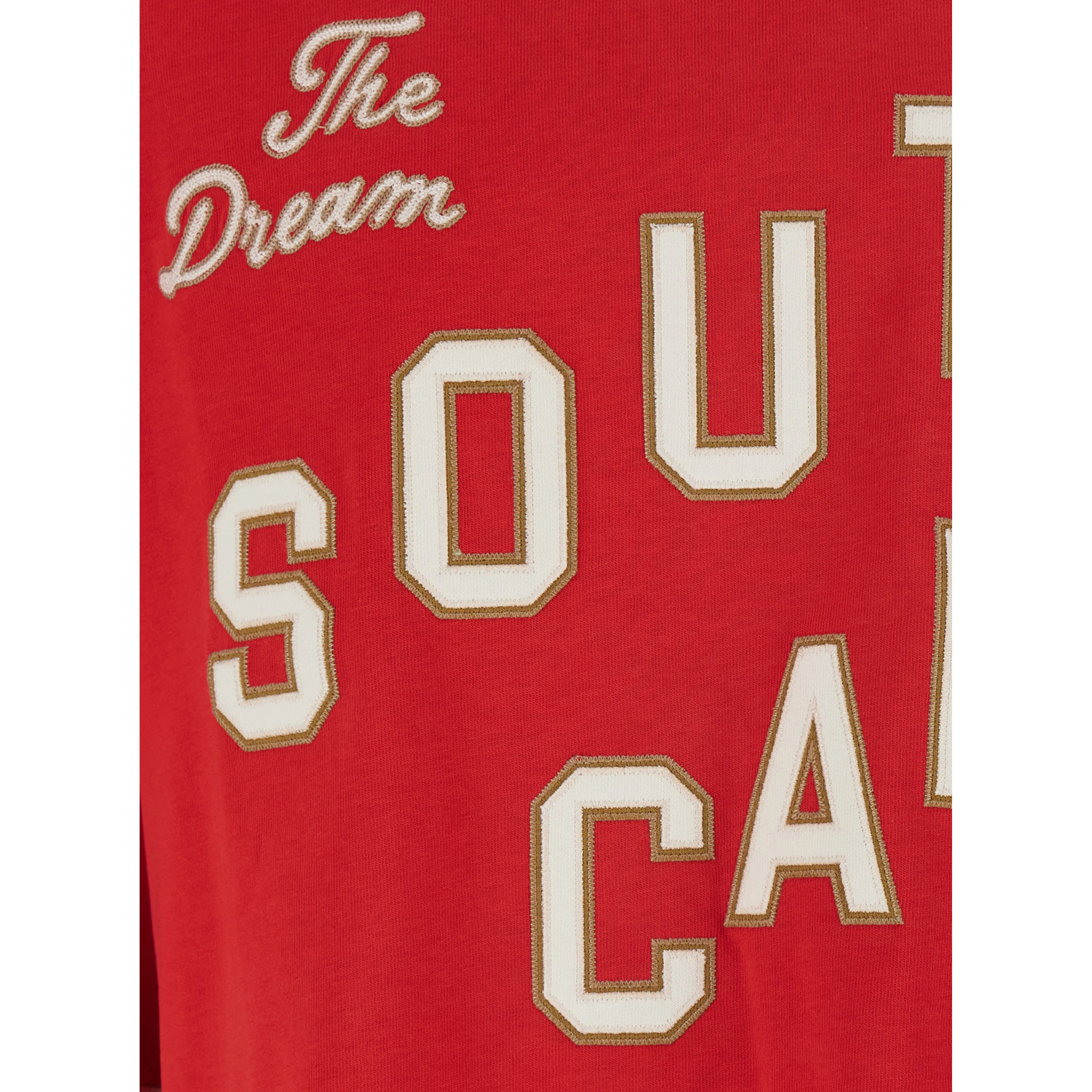 Red Long Sleeve T-Shirt with Maxi Print on the Front and Striped Details on the Sleeves in Cotton for Men