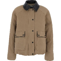 Beige Jacket with leather collar and two patch pockets on the front in cotton blend for women