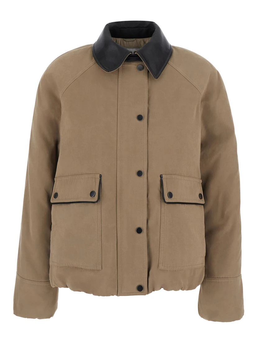 Beige Jacket with leather collar and two patch pockets on the front in cotton blend for women