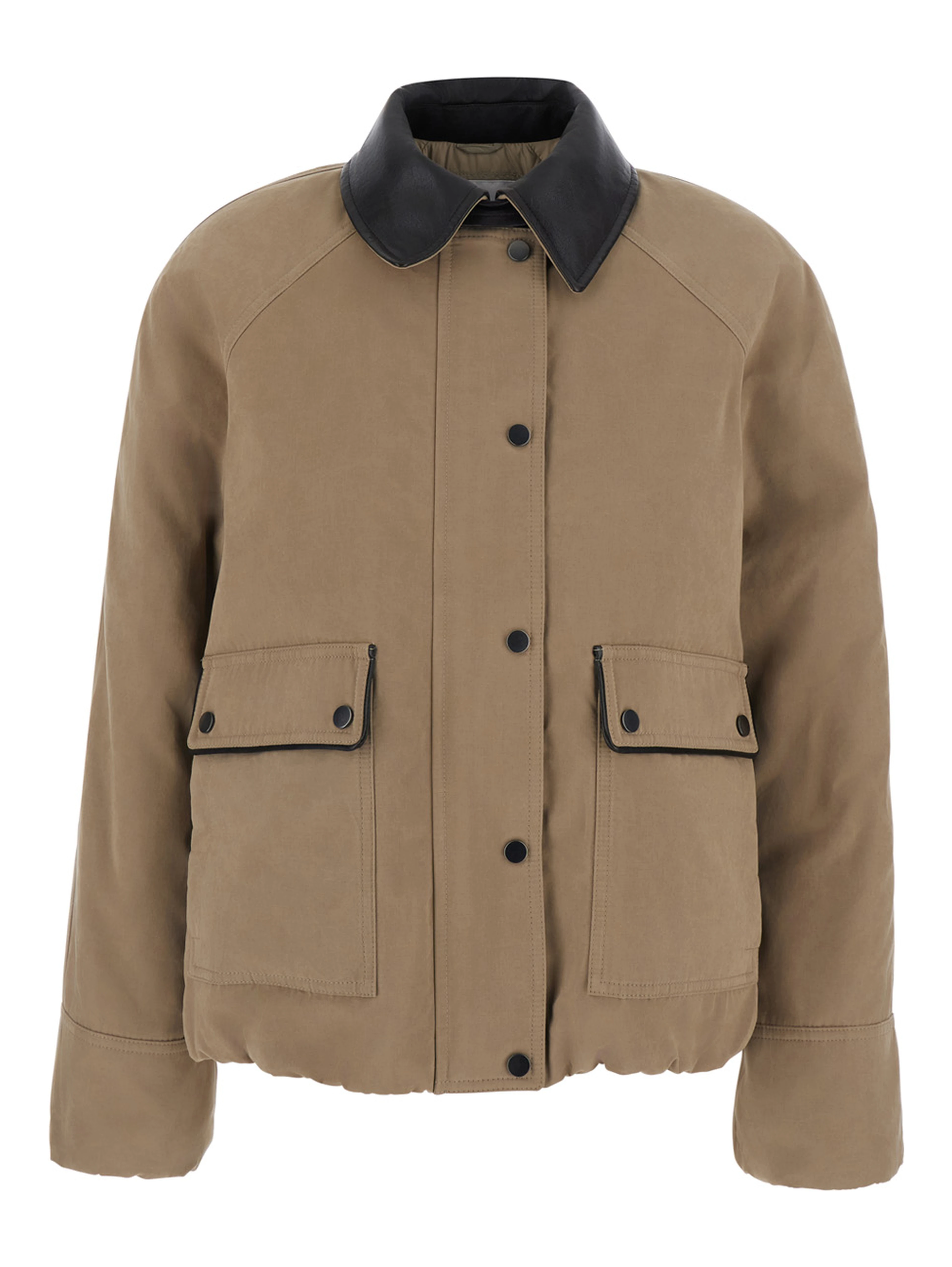 Beige Jacket with leather collar and two patch pockets on the front in cotton blend for women