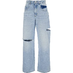 Poppy Wide Leg Jeans with frayed hems and pockets in Blue Denim unisex