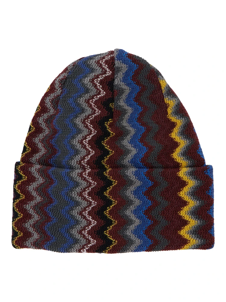 Brown beanie with turn-up brim ZigZag motif in wool blend for men