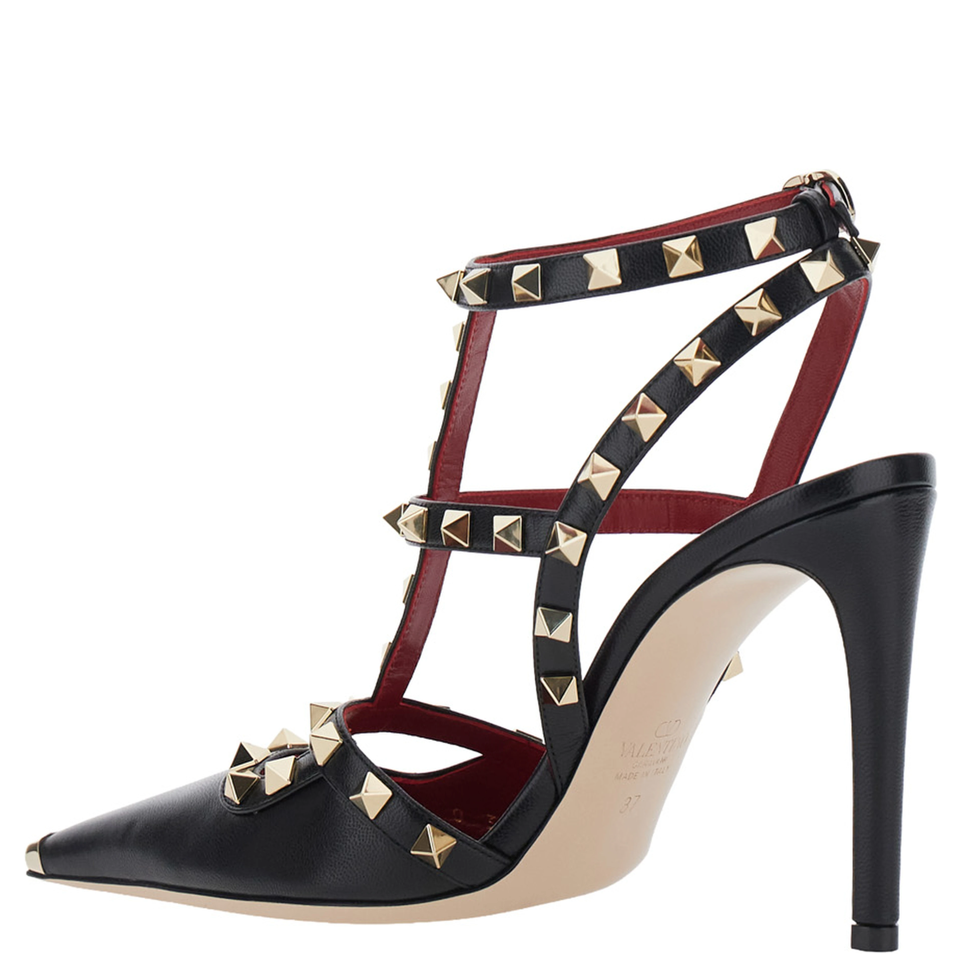 Black high-heeled sandals with Rockstud decoration and high heel in leather for women