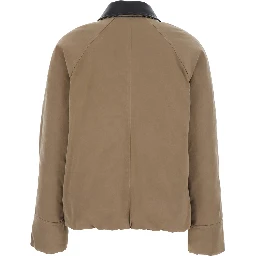 Beige Jacket with leather collar and two patch pockets on the front in cotton blend for women