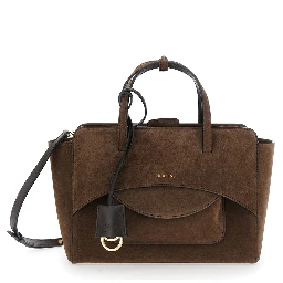 Brown Medium Handbag with Adjustable Shoulder Strap and Front Pocket in Suede for Women
