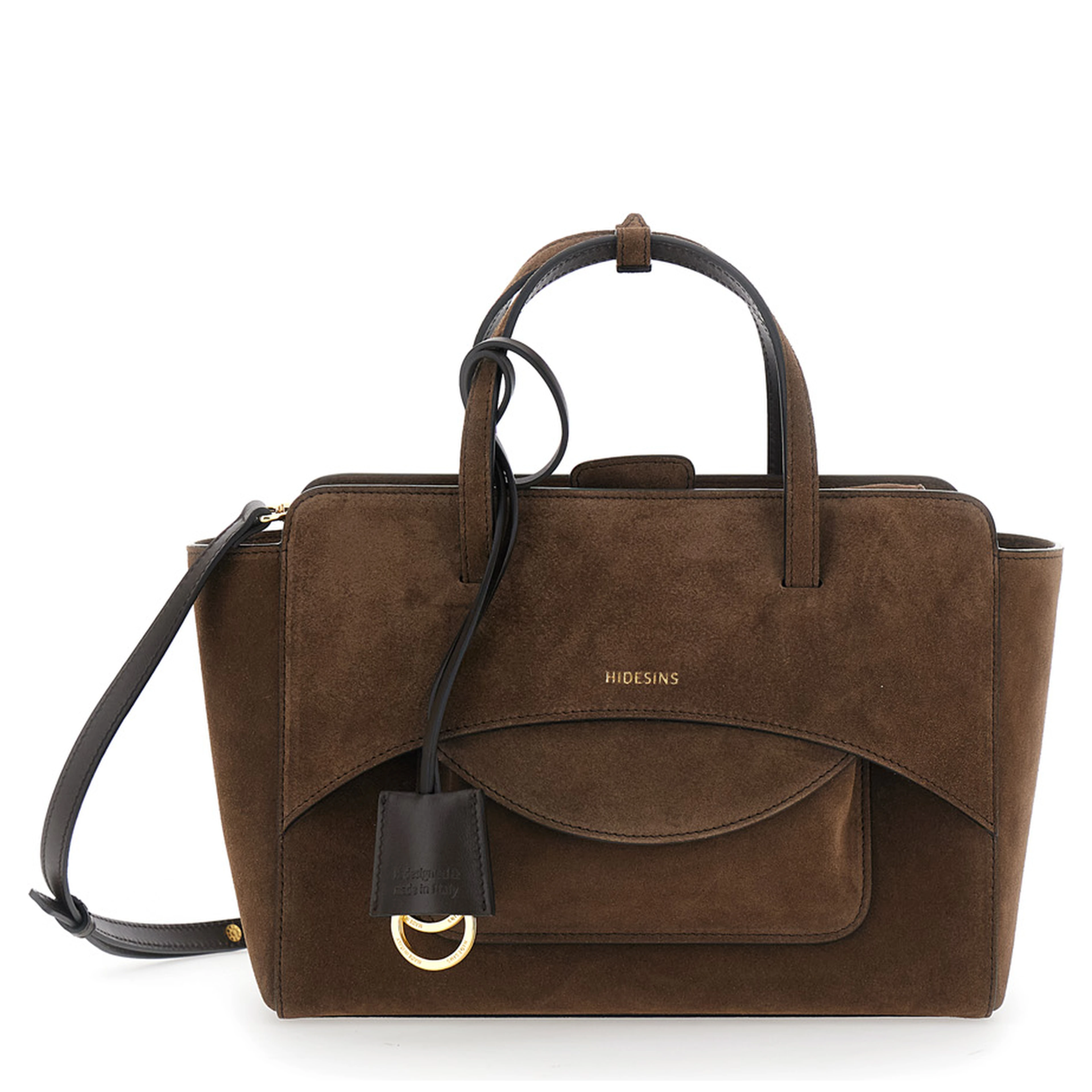 Brown Medium Handbag with Adjustable Shoulder Strap and Front Pocket in Suede for Women