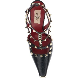 Black high-heeled sandals with Rockstud decoration and high heel in leather for women