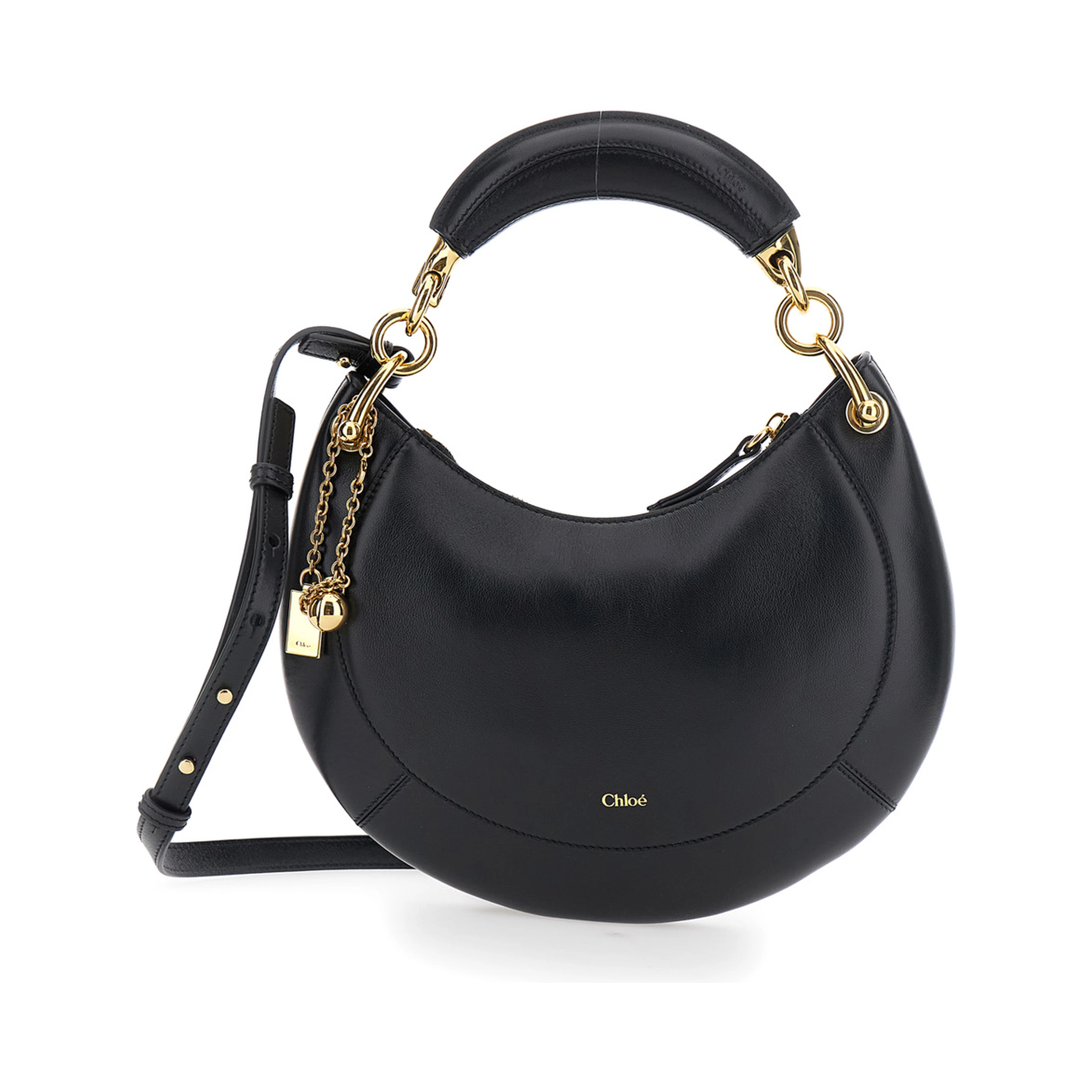 Banana Black Handbag with Adjustable and Removable Shoulder Strap and Logo Charm on the Front in Leather for Women